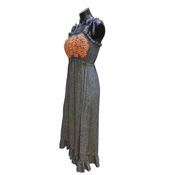 Innika Choo Blue Maxi Dress w/Orange Floral Embroidery & Tie Straps OS - Picture 5 of 9